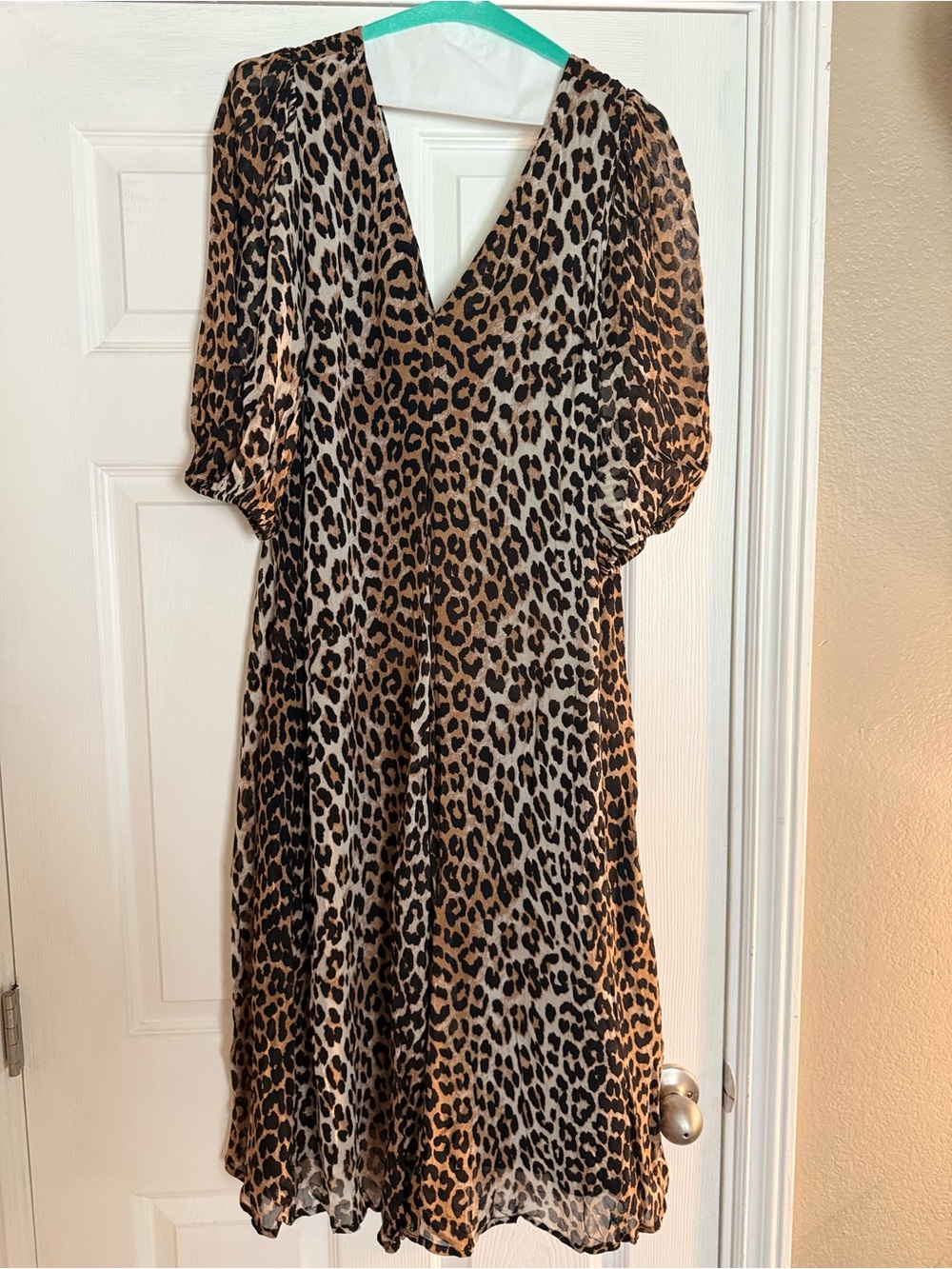 Ganni Leopard-Print V-Neck Midi Dress in Brown and Black